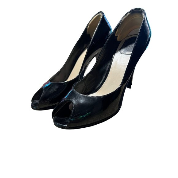 Christian Dior Black Patent Leather Platform Heels Peep Toe 4" heel 38.5 US 8.5 - Picture 1 of 12